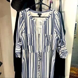 Torrid - (L, 0, 12) BLUE & WHITE STRIPE ZIP FRONT DRAWSTRING SHIRT DRESS